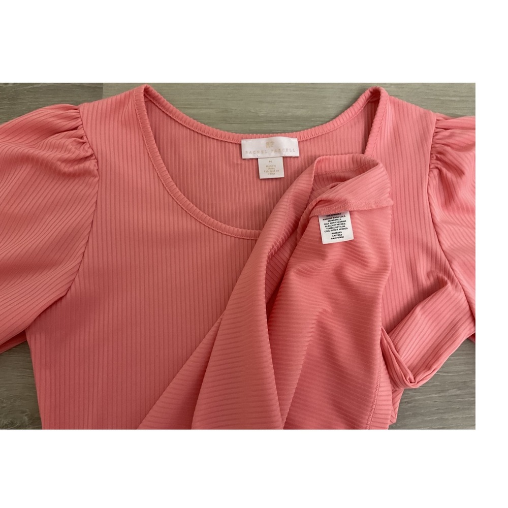 Rachel Parcell Pink Puff Sleeve Ribbed Scoop Neck Top Womens Size M - Picture 6 of 6